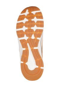 Suola di scarpa sportiva con un design flessibile, caratterizzata da una superficie in gomma arancione testurizzata e accenti bianchi per garantire aderenza e durata.