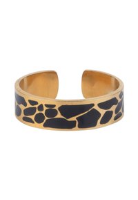 Gouden manchetarmband met een matzwarte, abstracte print. Gladde textuur, open uiteinden en een geometrisch ontwerp met verschillende uitsparingen.