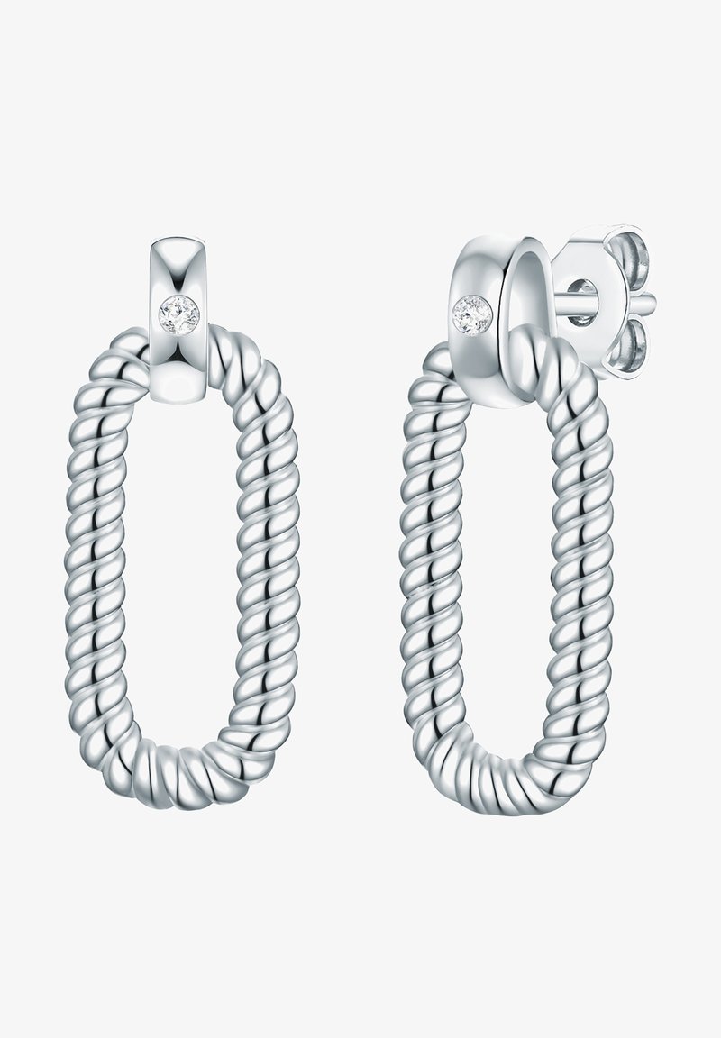 Sudraba apli auskari ar savītu virvi dizainu, un katrā naglā ir neliels caurspīdīgs dārgakmens.