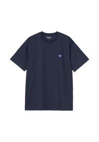 Camiseta de algodón azul marino con cuello redondo, mangas cortas y un pequeño logotipo de corazón azul en el lado izquierdo del pecho. Corte relajado.