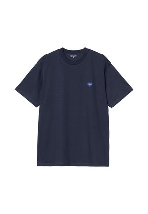 Camiseta de algodón azul marino con cuello redondo, mangas cortas y un pequeño logotipo de corazón azul en el lado izquierdo del pecho. Corte relajado.