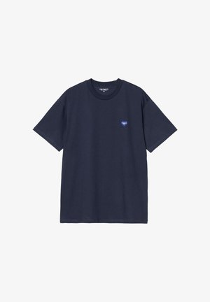 Camiseta de algodón azul marino con cuello redondo, mangas cortas y un pequeño logotipo de corazón azul en el lado izquierdo del pecho. Corte relajado.