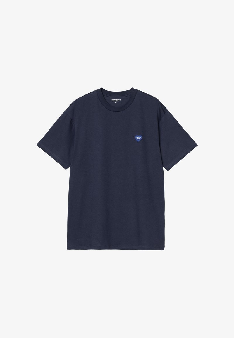 Granatowa bawełniana koszulka z okrągłym dekoltem, krótkimi rękawami i małym niebieskim logotypem serca po lewej stronie klatki piersiowej. Luźny krój.