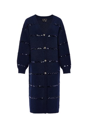Cardigan lungo in maglia blu scuro con scollo a V, chiusura con bottoni, maniche lunghe e dettagli a righe orizzontali con paillettes.