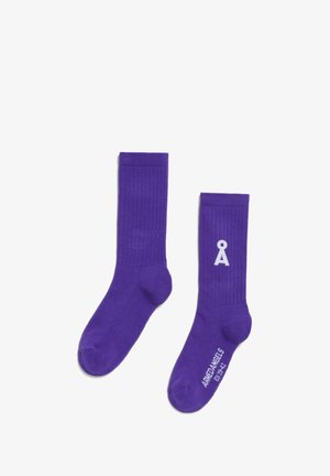 Pair of purple ribbed crew socks with white logo on cuff and white text "AMIEDANGELS EU 39-42" on sole against white background.
