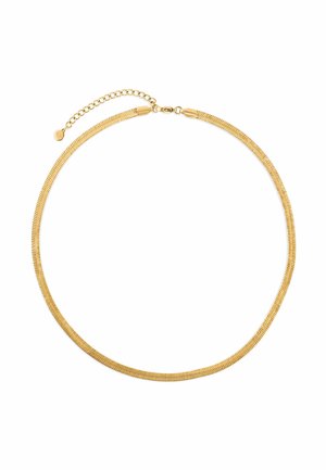 Guld kæde halskæde med flade, glatte led og justerbar lås med forlængelseskæde på hvid baggrund.