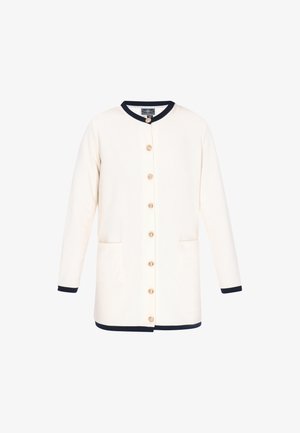 Manteau en coton blanc avec un col rond, accents bleu marine aux poignets et à l'ourlet, sept boutons en bois et deux poches avant.