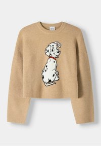 Beige, kürzer geschnittenes Sweatshirt aus weichem Stoff mit einem schwarz-weißen Dalmatiner-Motiv auf der Vorderseite, das ein rotes Kragen-Detail aufweist.