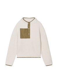 Faux-Fur-Pullover in Creme mit einer grünen Akzenttasche. Verfügt über eine knöpfbare Knopfleiste und einen runden Kragen. Strukturierter und texturierter Stoff.