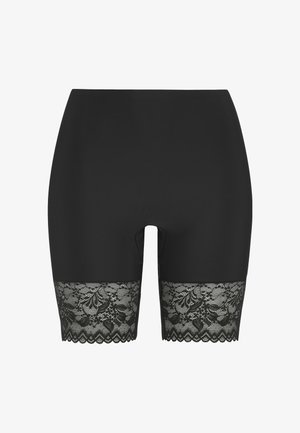 Schwarze Spandex-Shorts mit einer körperbetonten Passform, ausgestattet mit einem Spitzenbesatz am Saum mit floralen Mustern. Glatte Textur und eine Länge bis zur Mitte des Oberschenkels.