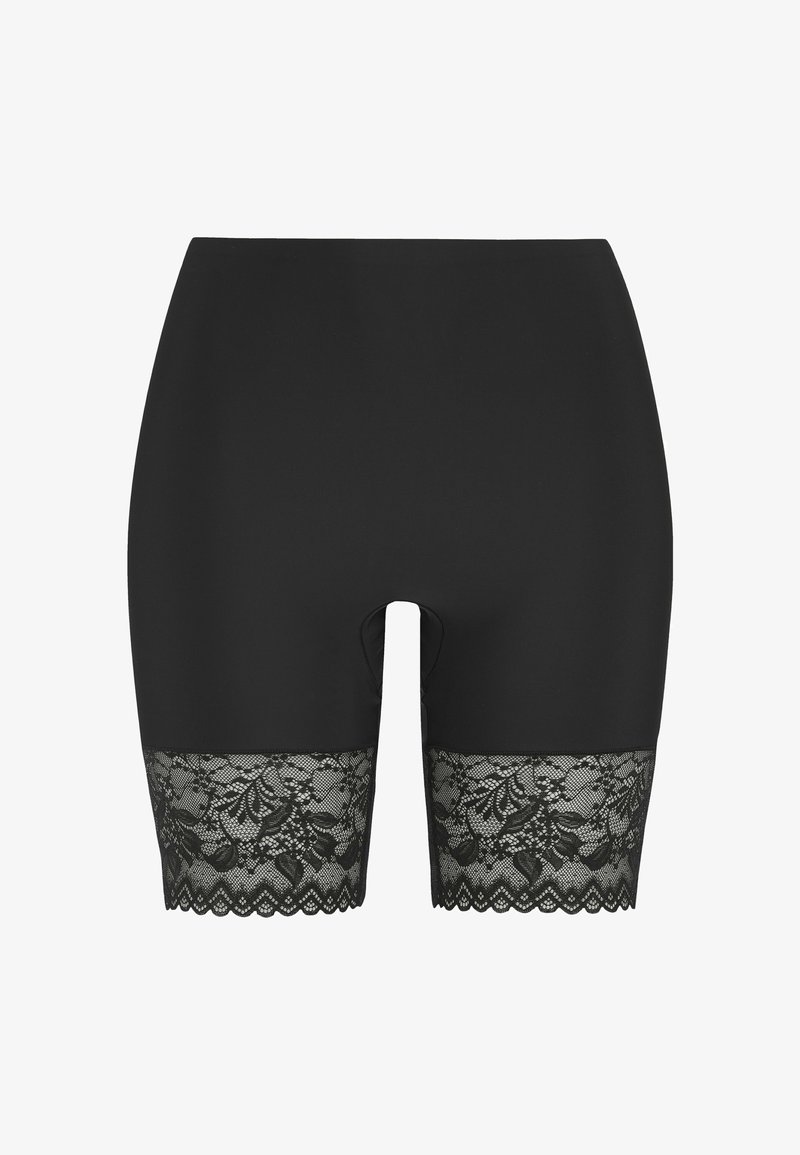 Svarta spandexshorts med en åtsittande design, med spetsdekoration vid fållen med blommönster. Slät textur och längd till mitten av låret.