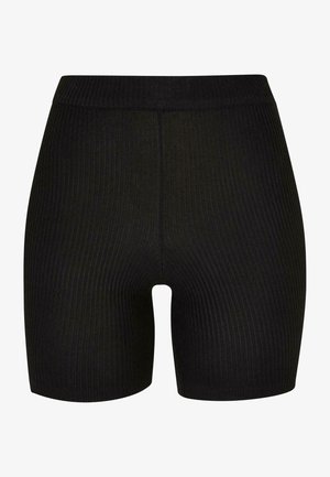 Schwarze gerippte Shorts mit einem dehnbaren Taillenbund, die ein figurbetontes Design und eine glatte Textur bieten. Eignen sich für Freizeitkleidung oder als Schicht.
