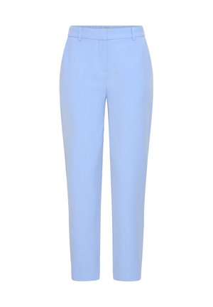 Pantalon bleu clair à coupe ajustée. Confectionné en tissu lisse, avec un devant plat, des passants pour ceinture et une coupe longueur cheville.