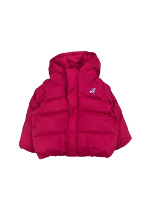 Giacca imbottita rosa acceso con cappuccio, polsini elastici e logo K-Way sul petto, progettata per il freddo.