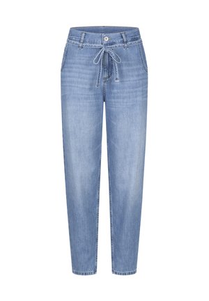 Light blue denim jogger pants with a tapered leg, front pockets, button closure, and a fabric tie belt at the waist.