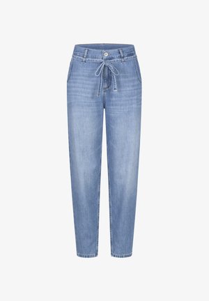 Light blue denim jogger pants with a tapered leg, front pockets, button closure, and a fabric tie belt at the waist.