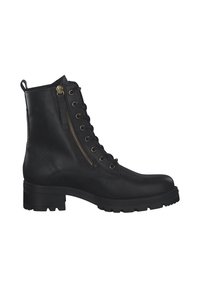 Botină de luptă din piele neagră cu vârf rotund, închidere cu șireturi în față și fermoar pe lateral. Are accesorii din metal aurit și o talpă masivă cu model de profil.