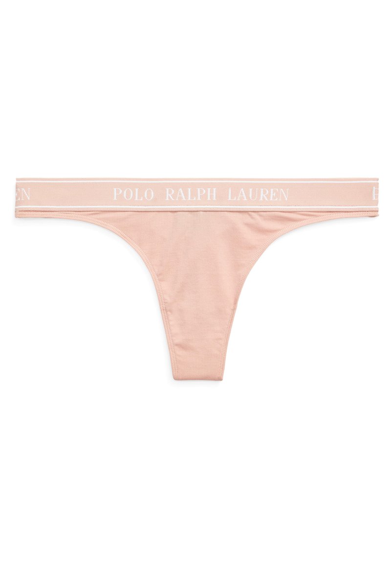 Rosa String-Tanga-Unterwäsche mit einer weichen Textur, ausgestattet mit einem breiten Taillenbund, der in Weiß mit "POLO RALPH LAUREN" bedruckt ist. Standard dreieckiger Schnitt.