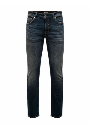 Dark blue slim-fit jeans with slight fading on thighs, five-pocket design, and button closure at the waistband.
