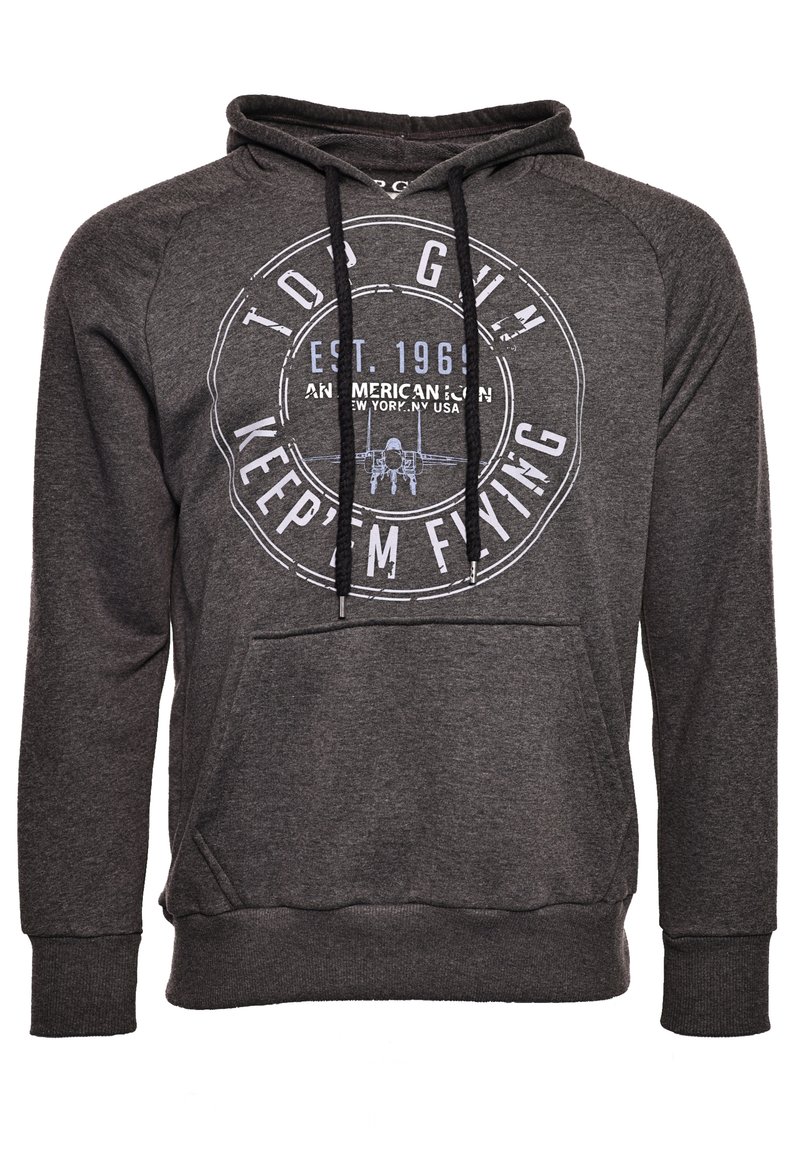 Mörkgrå hoodie med långa ärmar, justerbar dragsko på huvan, framfickor i kängurustil och tryckt grafisk design med texten "TOP GUN KEEP'EM FLYING."