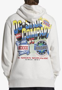 Light gray hoodie featuring colorful graphic text and logos on the back, with a soft, textured fabric and a classic pullover design.