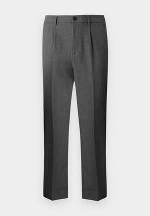 Gray tailored trousers with a smooth texture, featuring a pleated front, button closure, and straight legs. Simple design and clean lines.