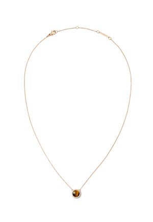 Collana in oro con pendente rotondo in occhio di tigre, circondato da un anello di piccole pietre trasparenti, dotata di chiusura a moschettone.