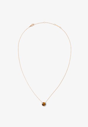 Collana in oro con pendente rotondo in occhio di tigre, circondato da un anello di piccole pietre trasparenti, dotata di chiusura a moschettone.