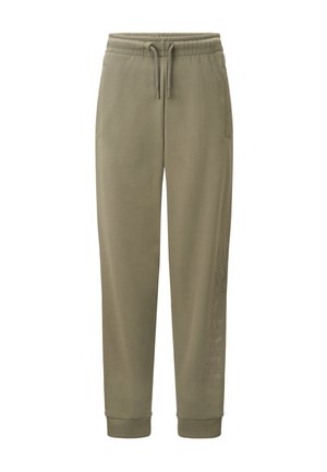 Olive green sweatpants made of soft fabric, featuring an elastic waistband with a drawstring, side pockets, and ribbed cuffs. Left leg has logo detail.
