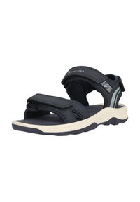 Marinsandaler med justerbara velcro-remmar, vadderad fotbädd och vit gummisål med texturerade detaljer och en lätt design.