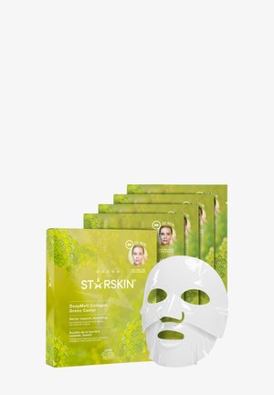 Five green StarSkin DeepMelt Collagen Green Caviar facial mask packets with one unfolded white sheet mask in front on a white background.