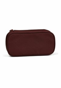 Maroon rectangular zippered pouch made of textured fabric. Smooth edges and flat design suitable for organizing small items.