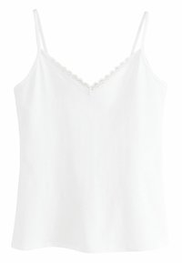 Maiou alb cu bretele subțiri ajustabile, decolteu în V împodobit cu dantelă delicată cu margini ondulate, material moale și croială lejeră.