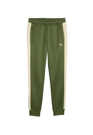 Grüne Jogginghose mit elastischem Bund und weißen Seitenstreifen, Reißverschlusstaschen und kleinem Puma-Logo am linken Oberschenkel.