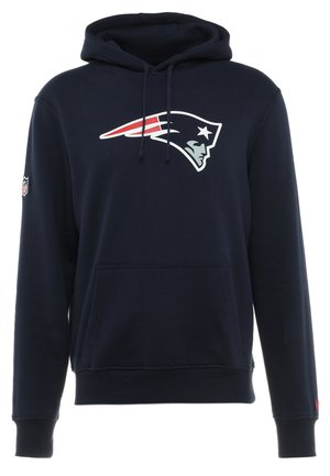 Navy blue hooded sweatshirt made of cotton blend, featuring a large Patriots logo on the chest, front pocket, and ribbed cuffs and hem.