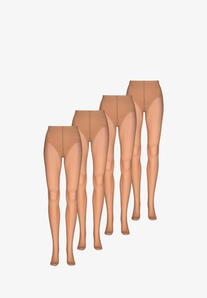 Beige panty's getoond in vier poses. Doorzichtig materiaal met een gladde textuur, hoog gesloten tailleontwerp en een naadloze pasvorm langs de benen.