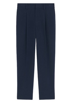 Pantaloni sartoriali blu navy con taglio dritto, dotati di pieghe, passanti per cintura e una trama liscia. Progettati per abbigliamento formale o smart casual.