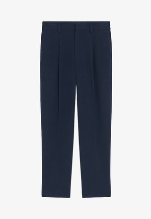 Pantaloni sartoriali blu navy con taglio dritto, dotati di pieghe, passanti per cintura e una trama liscia. Progettati per abbigliamento formale o smart casual.
