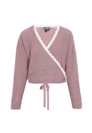 Roze, cropped wikkeltrui met lange mouwen, voorzien van een gegolfde witte rand langs de V-hals en een striksluiting in de taille.