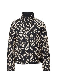 Gepolsterte Jacke mit schwarzem Grund und einem abstrakten cremefarbenen Muster, hohem Kragen, Druckknöpfen und zwei Vordertaschen.