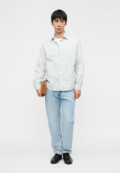 Φόρεμα γαλάζια και λευκή καρό πουκάμισο, τζιν παντελόνι με ίσια γραμμή μπλε και μαύρα παπούτσια. Κρατά μια μικρή καφέ τσάντα. Ουδέτερο φόντο.