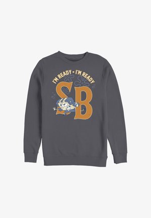 Donkergrijze sweater met grote oranje letters "SB", met een geanimeerd figuurtje in een footballhelm en de tekst "I'M READY - I'M READY."