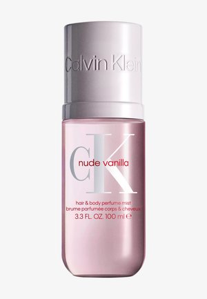 Calvin Klein Nude Vanilla Haar- und Körperparfum-Mistflasche, pink mit silberner Kappe, 100 ml, mit Marken- und Produktdetails beschriftet.
