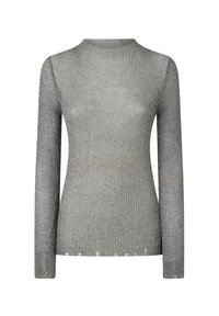 Srebrna majica dugih rukava izrađena od rebraste metalik tkanine s ovalnim izrezom, s uskim siluetom i suptilnim detaljima izgužvanog ruba.