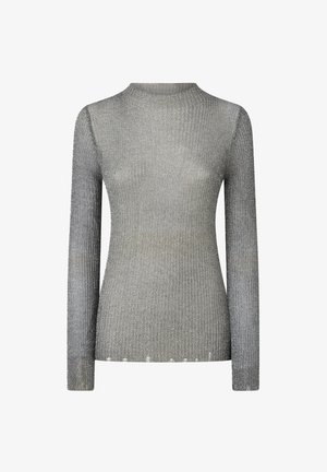 Srebrna majica dugih rukava izrađena od rebraste metalik tkanine s ovalnim izrezom, s uskim siluetom i suptilnim detaljima izgužvanog ruba.