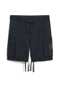 Pantalones cortos cargo de color azul marino fabricados con tela ligera. Incluye una cinturilla con cordón, dos bolsillos laterales y una placa de logo en el bolsillo derecho.