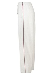 Gray sweatpants with a relaxed fit, featuring a maroon side stripe. Made of soft fabric, with an elastic waistband and drawstring detail.