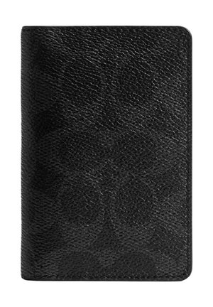 Portefeuille en cuir noir texturé avec un motif subtil et des coins arrondis, présenté fermé sur un fond blanc.