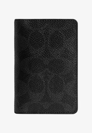 Black textured leather wallet with subtle pattern and rounded corners, shown closed on a white background.