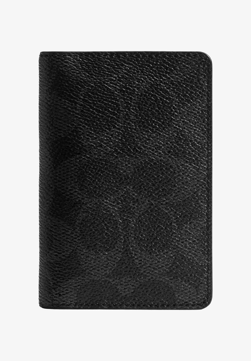 Portefeuille en cuir noir texturé avec un motif subtil et des coins arrondis, présenté fermé sur un fond blanc.